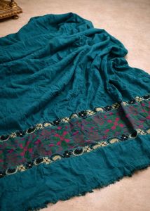 Teal Green Embroidered Shawl with Floral Border