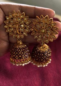Heavy Golden And Maroon Jhumka