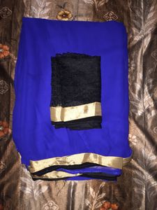 Elegant Blue Saree with Black &amp; Gold Trim