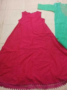 Pink Sleeveless Dress With Green Kurta On Top