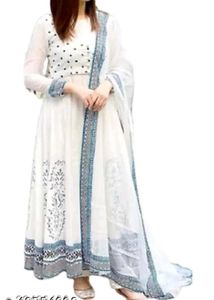 White Printed Anarkali Kurti Set