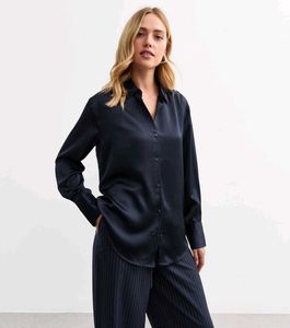 Navy Long Black Satin Shirt