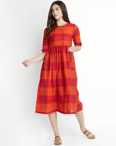 Red & Orange Checkered Midi Dress