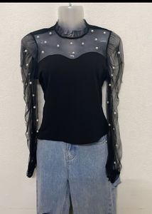 SHEIN PETITE Pearls Beaded Mesh Yoke Mock Neck Top