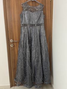 Grey Glitter Ethnic Gown With Transparent Neck