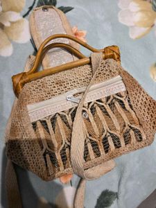 Woven Handbag with Wooden Handles