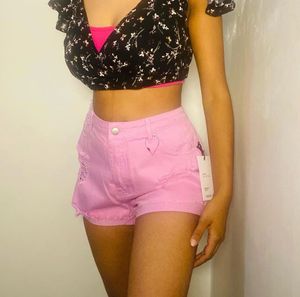 Pink Ripped Denim Shorts