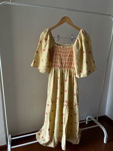 Yellow Embroidered Square neck Maxi Dress