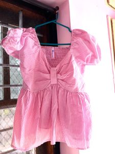 Chic Pink & White Striped Puff Sleeve Peplum Top