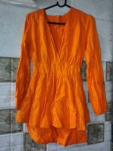Orange V-Neck Ruffle Dress