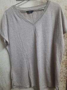 Grey V-Neck T-Shirt with Embellished Neckline