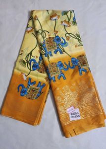 Yellow Elephant Print Saree