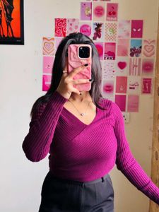 Purple V-Neck Long Sleeve Top