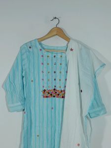 Light Blue Embroidered Kurta &amp; Duppata (Women&#39;s)