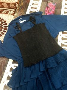 Multi Ruffle 2 Piece Dress In Peacock Blue Colour