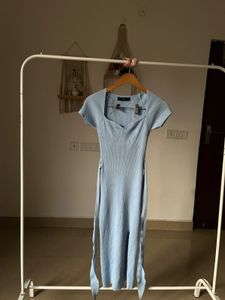 BLUE RIB-KNIT  BODYCON MIDI DRESS