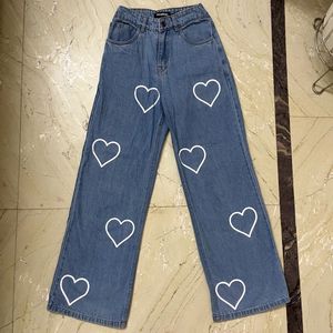 SASSAFRAS- Wide Leg Heart Print Blue Jeans