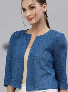 blue self design open fornt croup shrug as three q