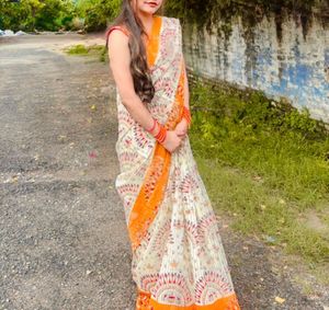 Elegant White & Orange Sari
