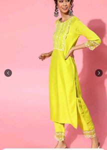 Lime Green scalloped Embroidered Kurta Set