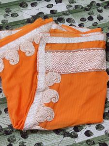 Orange &amp; White Embroidered Saree
