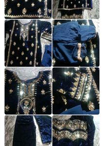 Elegant Navy Velvet Embroidered Salwar Kameez