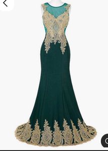 Y2k Vintage Teal &amp; Gold Embellished Formal Gown