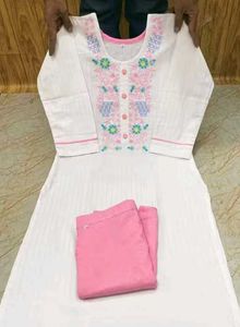 Embroidered White &amp; Pink Kurta Set