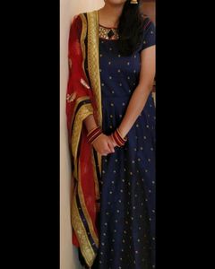 Navy Blue Anarkali With Embellished Red Dupatta