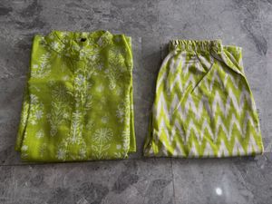Vibrant Fluorescent Green Printed Cotton Kurta Set