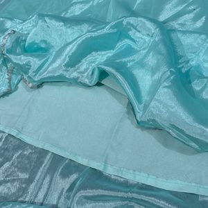 Girls Flare Aqua Party Dress With Duptta