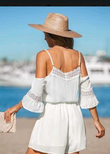 White Lace Trim Cold Shoulder Dress