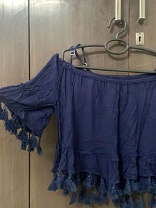 Blue Tassel Off-Shoulder Top