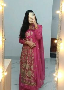 Pink Embroidered Suit With  Silk Plazo