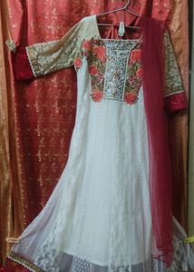 Off White And Maroon Soft Net Anarkali