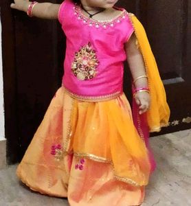 Pink And Yellow Combination Silk Cotton Lehenga