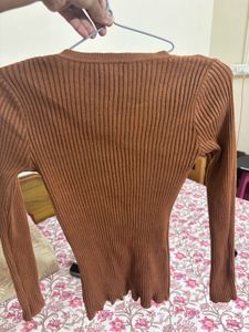 Brown Ribbed Long Sleeve Top