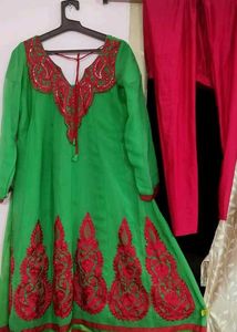Green & Red Embroidered Kurta Set