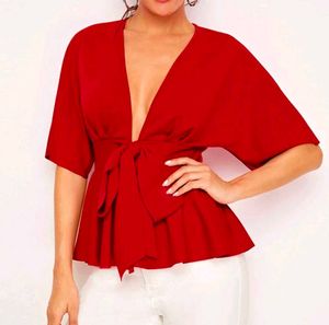 SHIEN Red Tie-Waist Top
