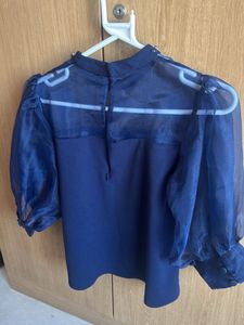 Elegant Navy Blue Sheer Sleeve Top
