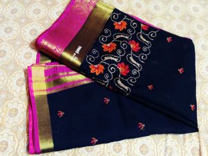 Embroidered Navy Saree with Pink Border
