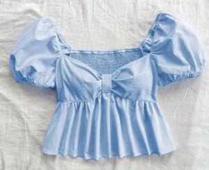 Striped Cotton Fancy Neck Short Sleve Peplum Top