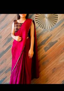 Elegant Maroon Saree with stitched blouse nd belt✨