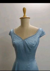 Vintage Blue Satin Beaded V-Neck Dress