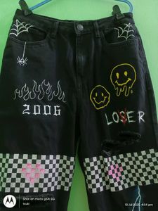 y2k customised printed jeans black charcoal grunge