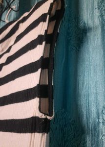 Denim Dress With Black And White Stripes