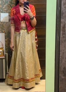 Designer Gold &amp; Maroon Banarasi Lehenga Set