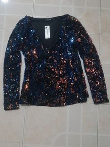 Navy Blue And Gold Stensil Party Wear Top