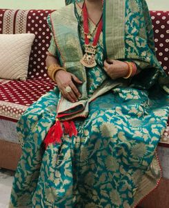 Sea Green Bnarshi Silk Saree With Heavy Work