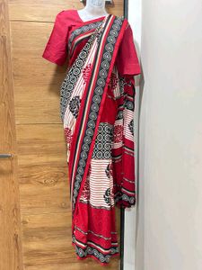 Elegant Red And Black Printed Saree With Blouse